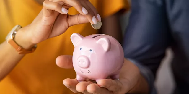 Geld besparen - foto van spaarvarken en hand van een persoon die er geld in stopt