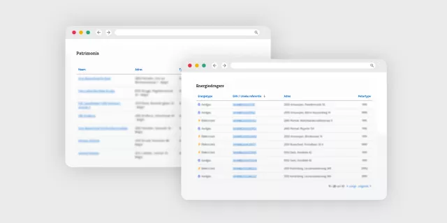 Screenshots uit Terra van patrimonia beheer dashboard - de patrimonium- en energiedatabank Vlaanderen