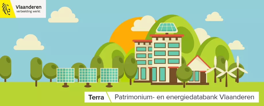 Terra beeld databank - Image link naar de Patrimonium- en energiedatabank Vlaanderen. Illustratie van een gebouw met zonnepanelen en windmolens.