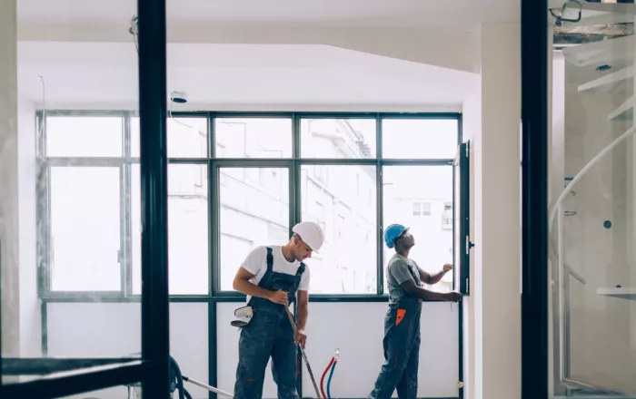Beeld van 2 werkmannen aan het werk in een wooneenheid voor een totaalrenovatie.
